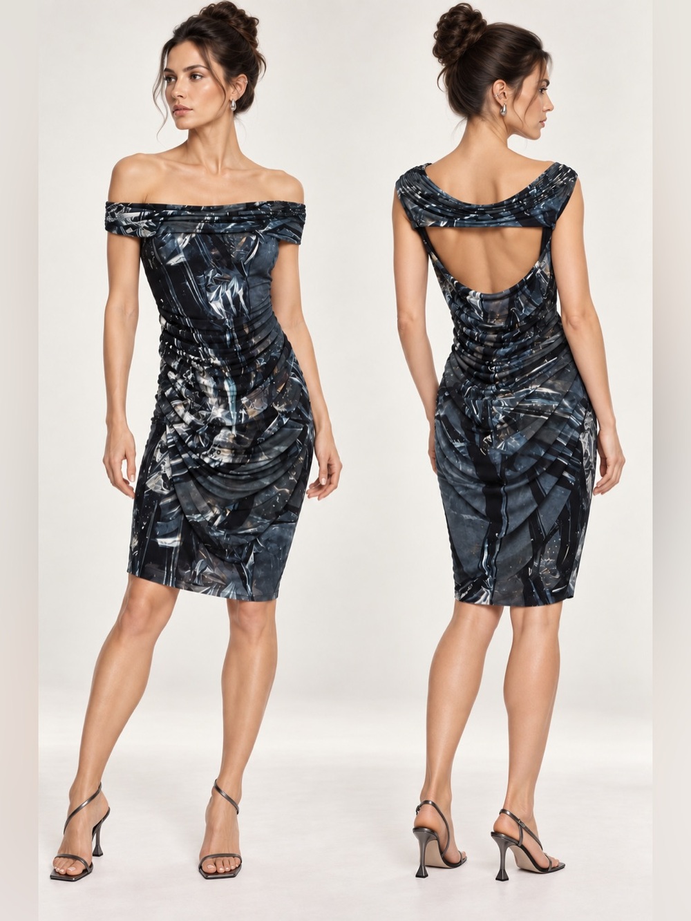 Helmut Lang Dress SS10 Foil Print Ruched Open Back Bodycon Cowl neck Sz 0